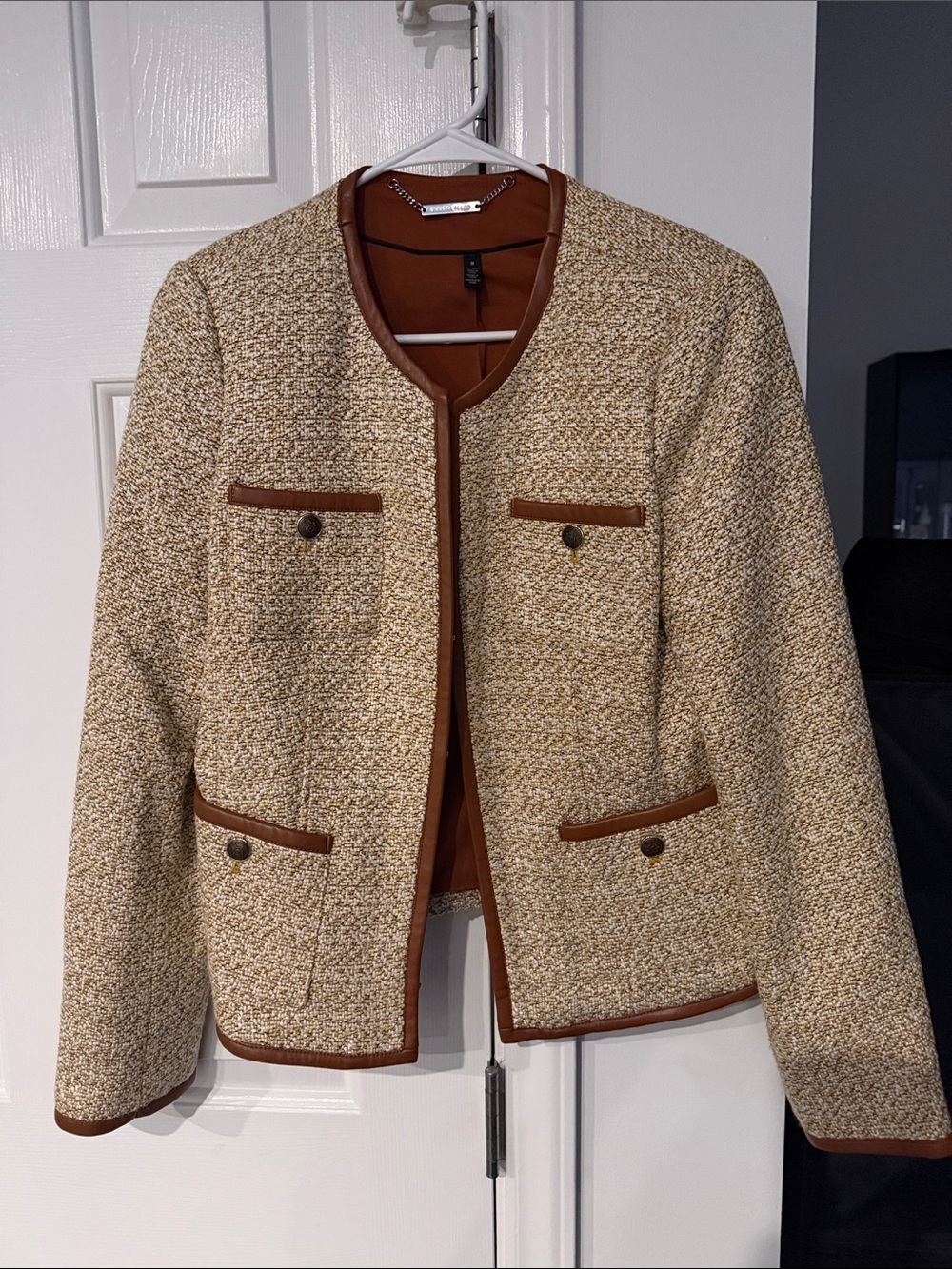 White House Black Market Cream Tweed Jacket with Brown Trim